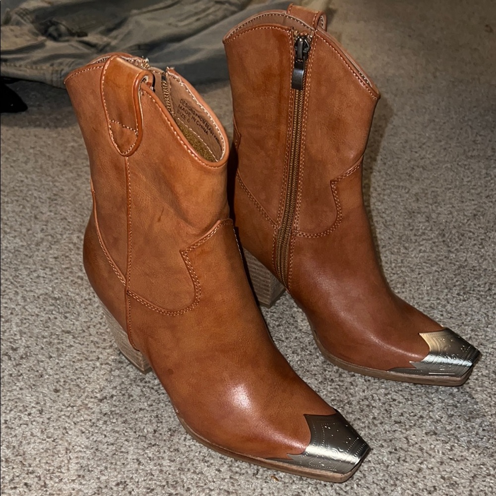 Brown Leather Western Ankle Boots